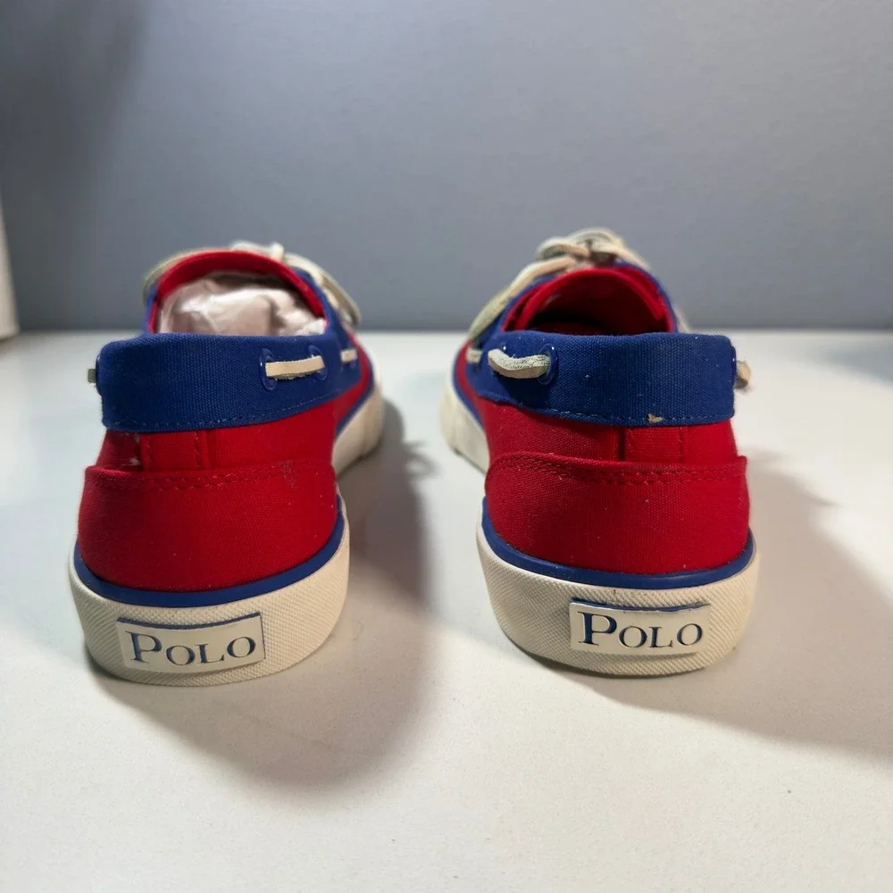 Polo Ralph Lauren Lander II Boat Shoe Mens 8.5 Red Blue New Canvas Sneaker